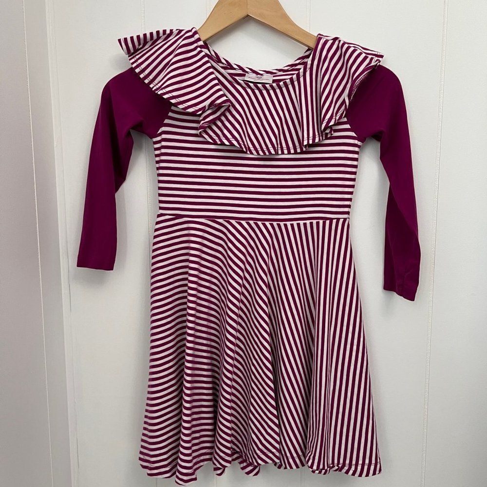 Striped Ruffle Neck Long-Sleeve Kids Dress in Berry